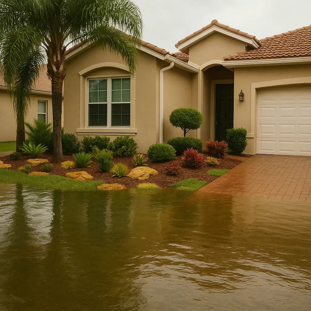 Suburban home with beige exterior and tile roof surrounded by floodwater covering the front yard and driveway.