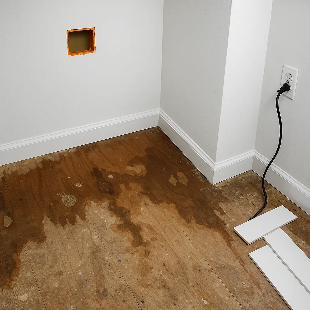 Corner of a room showing water-damaged subfloor with exposed electrical outlets and white wall, prepared for repair and renovation.